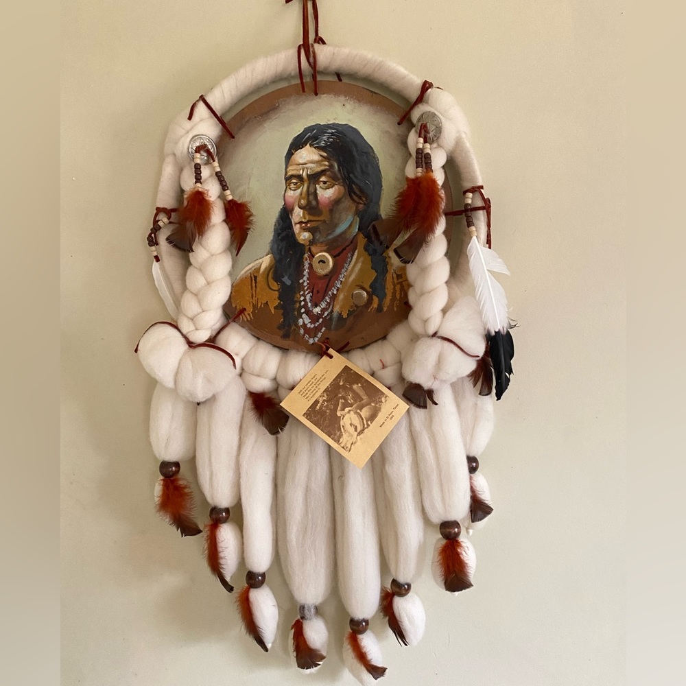 Vintage Large Dream Catcher Hand Made W Fur Beads Leather Wool Feathers And Felt